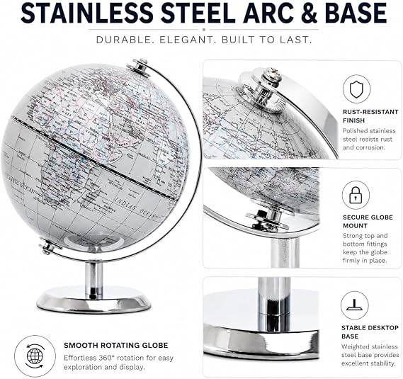 14cm Silver World Globe with Stainless Steel Stand for Home Office | English Political Map With Clear Countries Cities And Boundaries For Learning Travel Planning And Modern Display