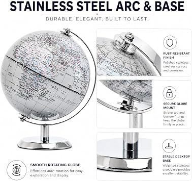 14cm Silver World Globe with Stainless Steel Stand for Home Office | English Political Map With Clear Countries Cities And Boundaries For Learning Travel Planning And Modern Display