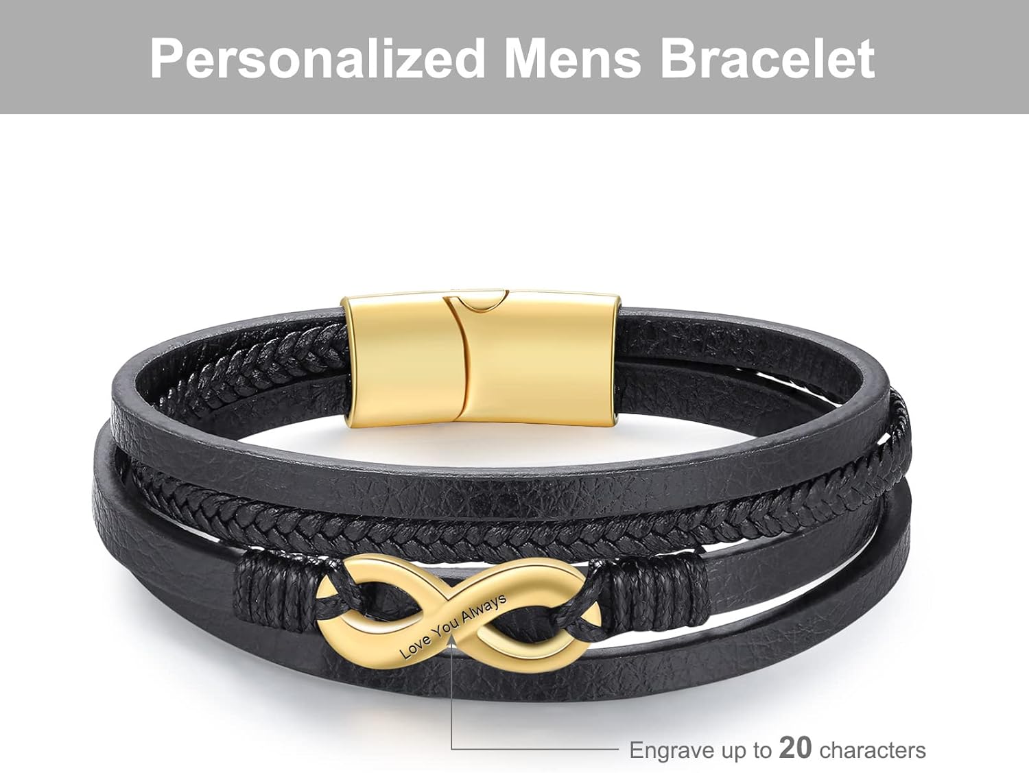 MissNaNa Personalized Leather Bracelet for Men Father Day Leather Bracelets Stainless Steel Bracelet Black Cuff Custom bracelets for Dad Boyfriend Husband