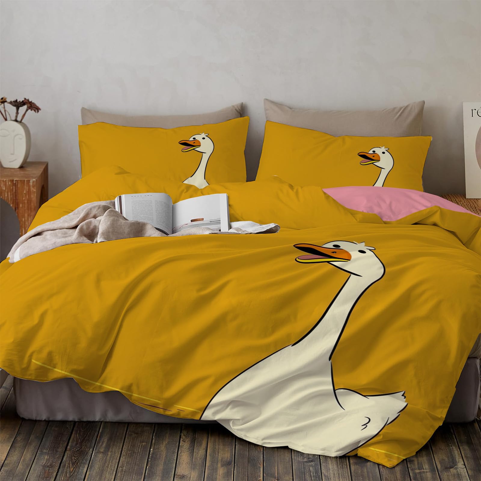 Parure de lit motif animaux oie dessin animé avec housse couette 140x200 jaune