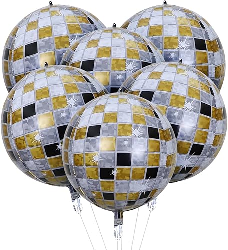 HOUSE OF PARTY Globos esféricos 4D, paquete de 6, globos de aluminio color negro y dorado de 22 pulgadas, globos de bola de discoteca de Mylar para
