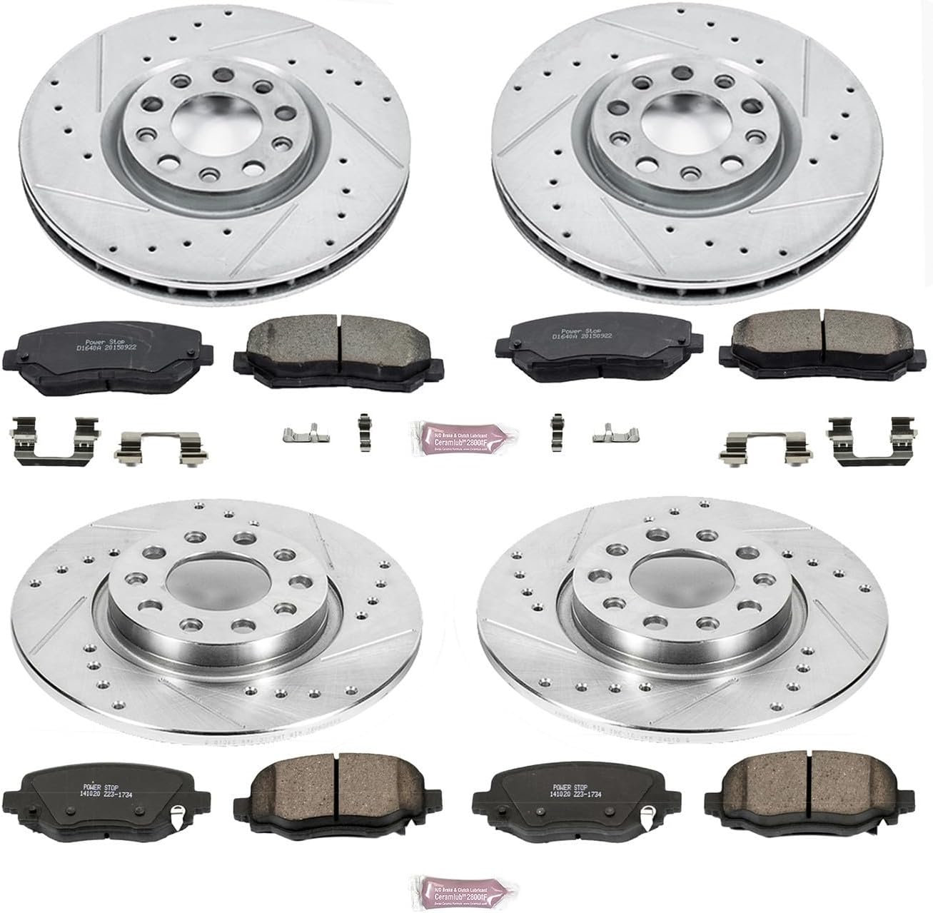 PowerStop Front and Rear Brake Kit For Chrysler 200 2015-17 - Drilled and Slotted Disc Rotors with Ceramic Brake Pads Replacement, K7288
