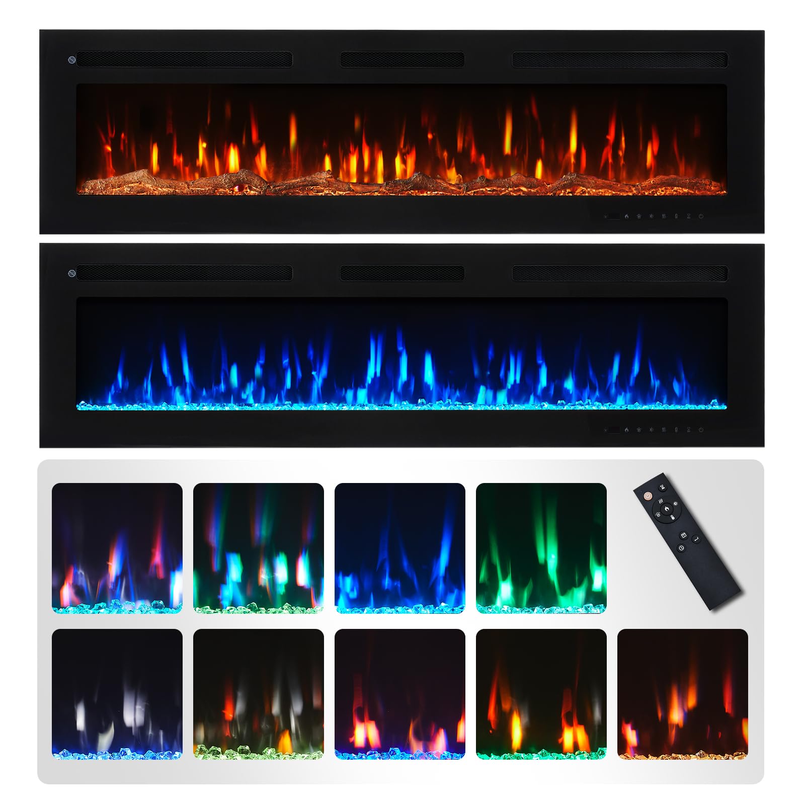 Flameko Black Winslow 152Cm/60" 3-In-1 Electric Fireplace, Recessed, 9 Colour Led Flame Effect, Touch Screen & Remote, Tv Safe Media Wall, 2 Heat Setting Fan Heater 900W-1800W Logs & Crystals Included