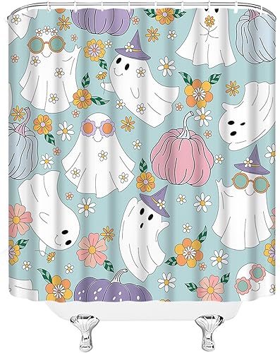 Miniatura 3 de Cortina de ducha de fantasma de Halloween, espeluznante, linda, retro, hippie con margaritas, divertida cortina de decoración de baño con ganchos,