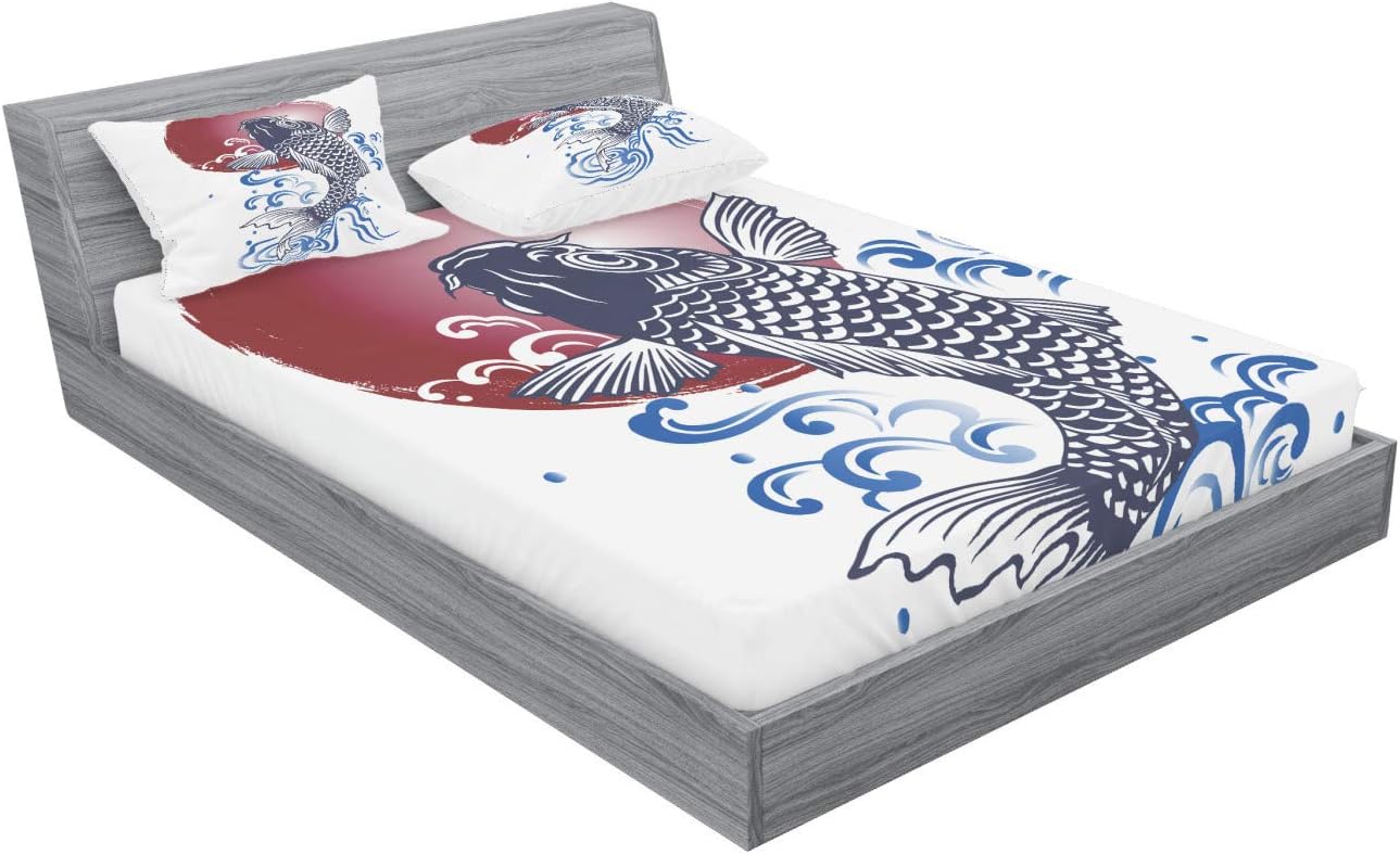 Ambesonne Japanese Fitted Sheet & Pillow Sham Set, Red Round Circle Illustration Print with Koi Fish and Water Splash Image, Decorative Printed 3 Piece Bedding Decor Set, Full, White