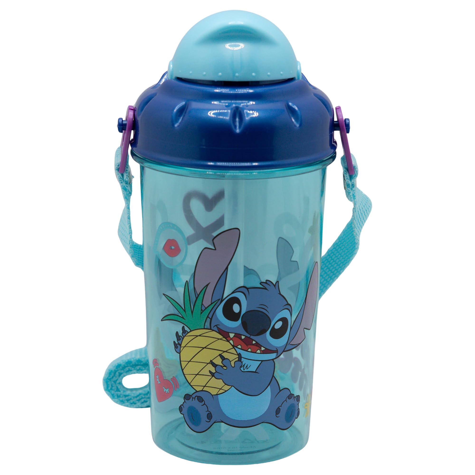 Stor Kids Water Bottle with Straw Stitch 465ml - BPA-Free Plastic Bottle with Lid and Strap for School and Sports