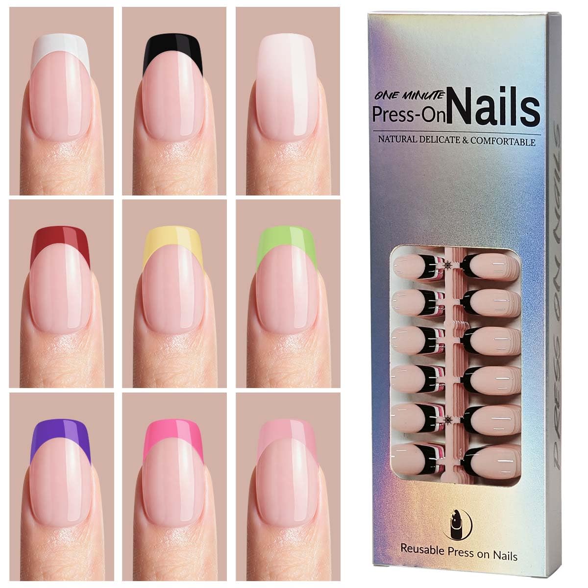 270Pcs French Tip Press on Nails Short Square Fake Nails 9 Color French Tips Glossy Acrylic Glue On Nails Full Cover Soft Gel False Nail Tips Kit for Women DIY Nail Art Manicure 15 Size