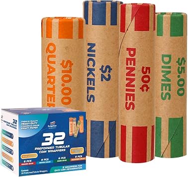 32 Premium Assorted Preformed Coin Wrappers for All Coins ABA Standard Coin Rolls Wrappers for Quarters, Pennies, Nickels and Dimes