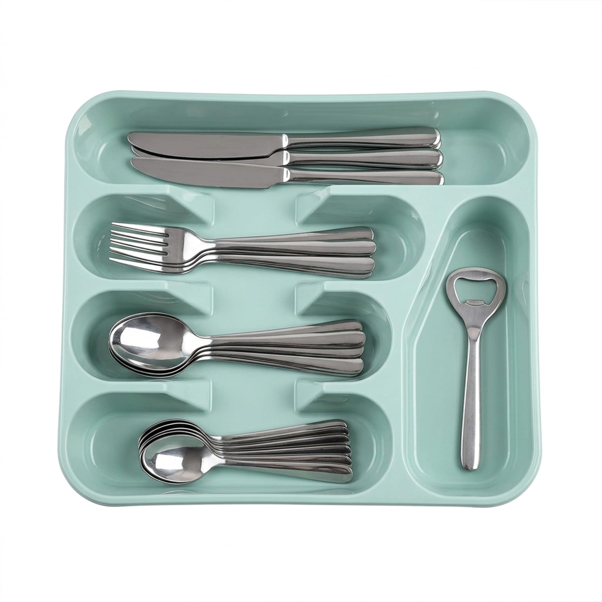 Plastific Mint Green Large Cutlery Tray Flatware Organiser Strong Plastic Drawer Sliding Tidy Rack Holder Drawer Insert Tidy Storage, 33.5 X 26.5 X 4.5 Cm - Solid Base,