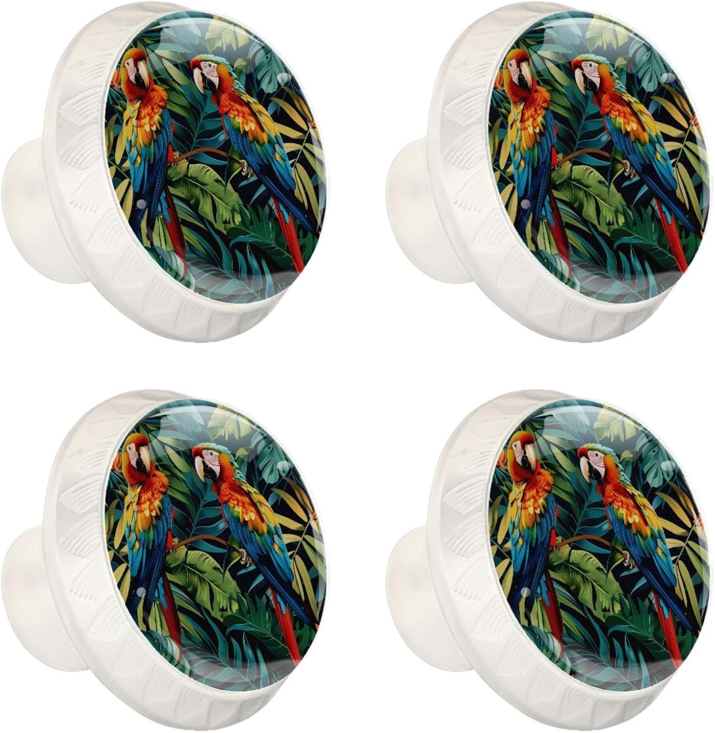 Tropical Birds Parrots Exotic Jungle Plants Glass Cabinet Dresser Knobs for Home Kitchen, Diamond Shaped Cupboard Knobs Pulls Hardware with Stainless Steel Screws, 4 Pack