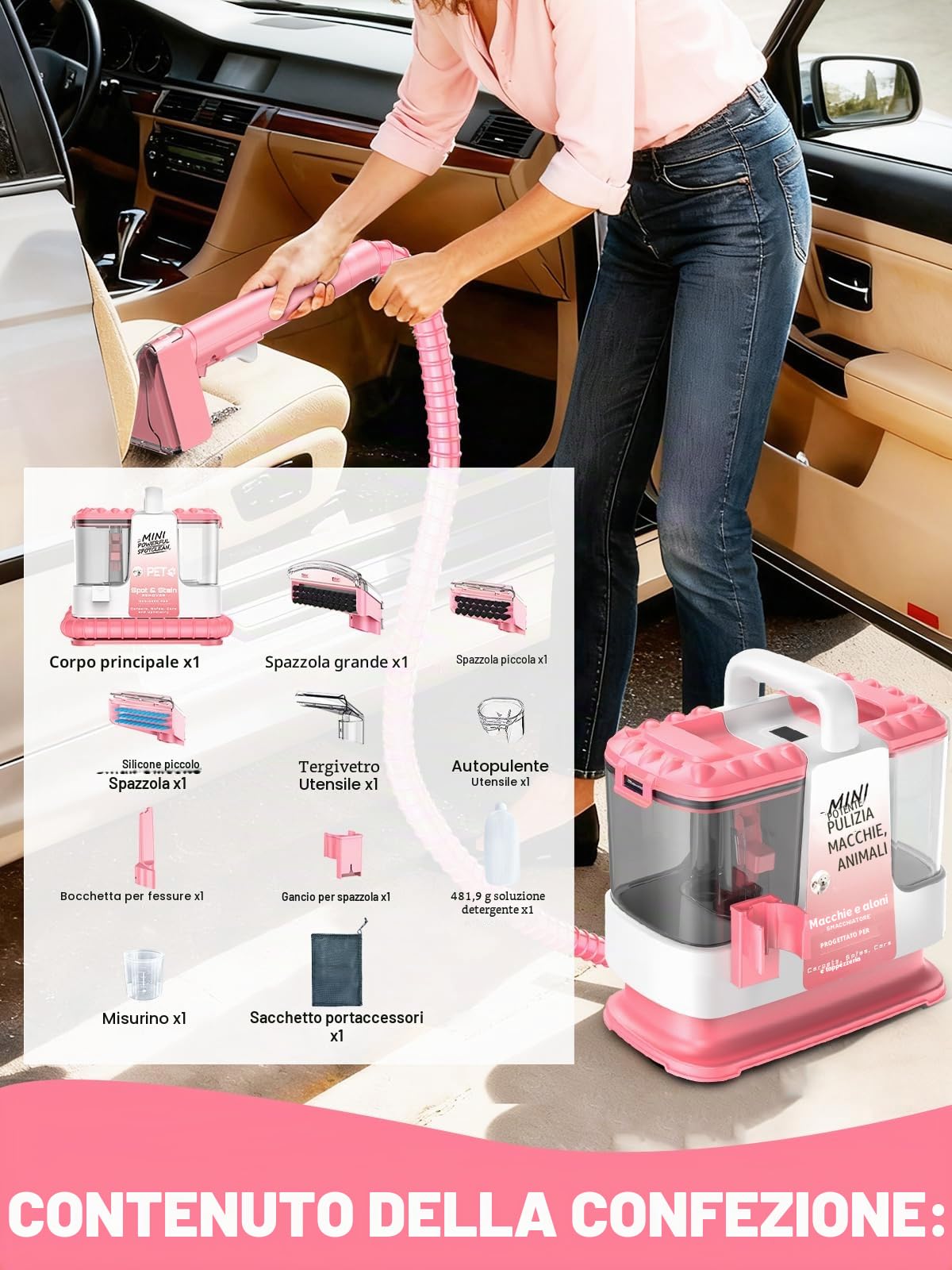 Lavatappeti Portatile, 600W Lava Tappezzeria per Tappeti, Doppio Serbatoio Acqua, Auto Pulizia, 16kPa Potente Aspirazione, per mobili imbottiti, per tappeti, auto, design leggero e compatto, Rosa