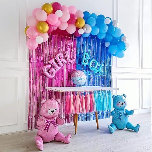 Miniatura 2 de DNBOD Kit de decoración de revelación de género guirnalda de globos de telón de fondo para niños o niñas con globos azules y rosados cortinas de