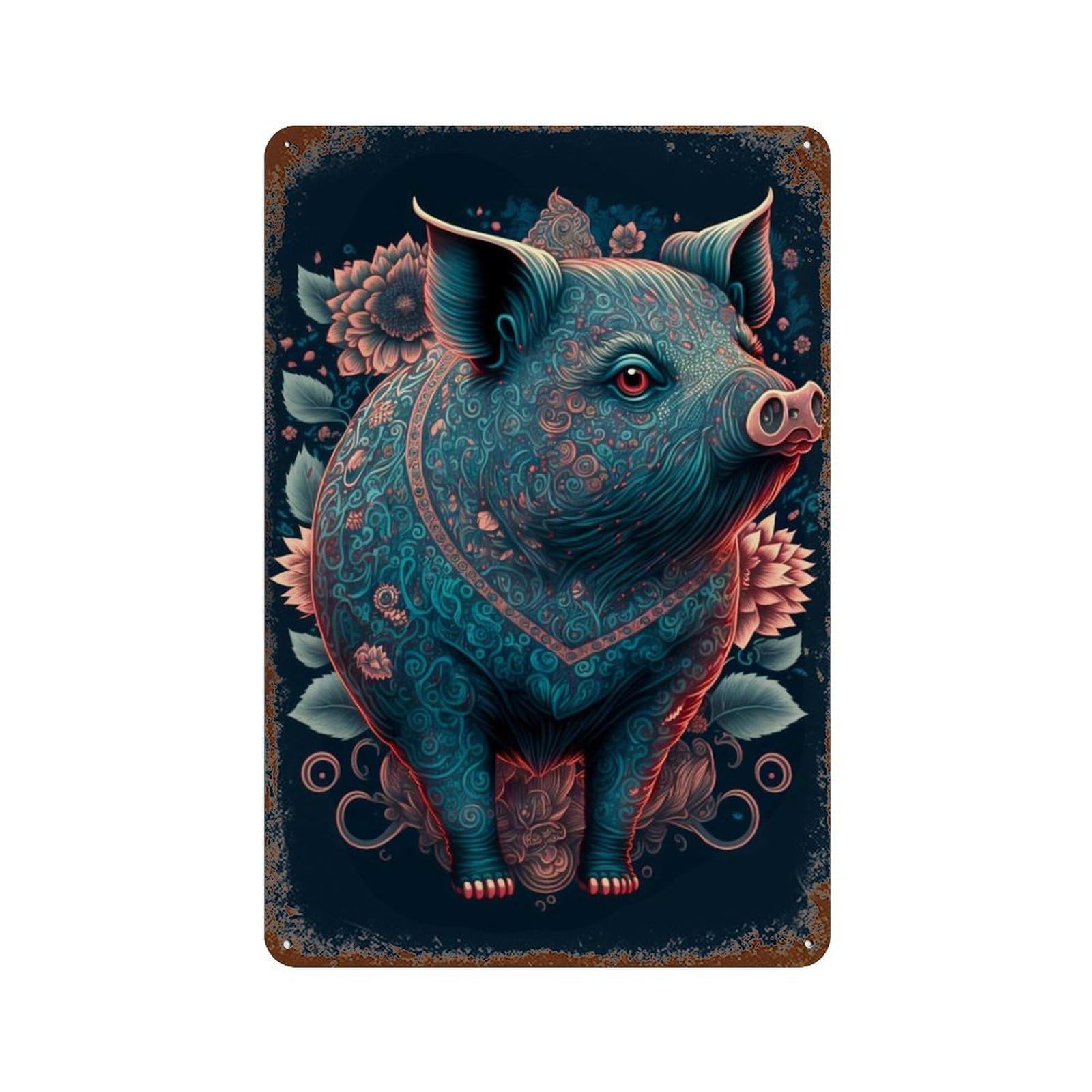 Colorful Pig Art Print Retro Metal Sign 11.8"x7.9", Ideal for Basement, Hobby Room And Garage Decor