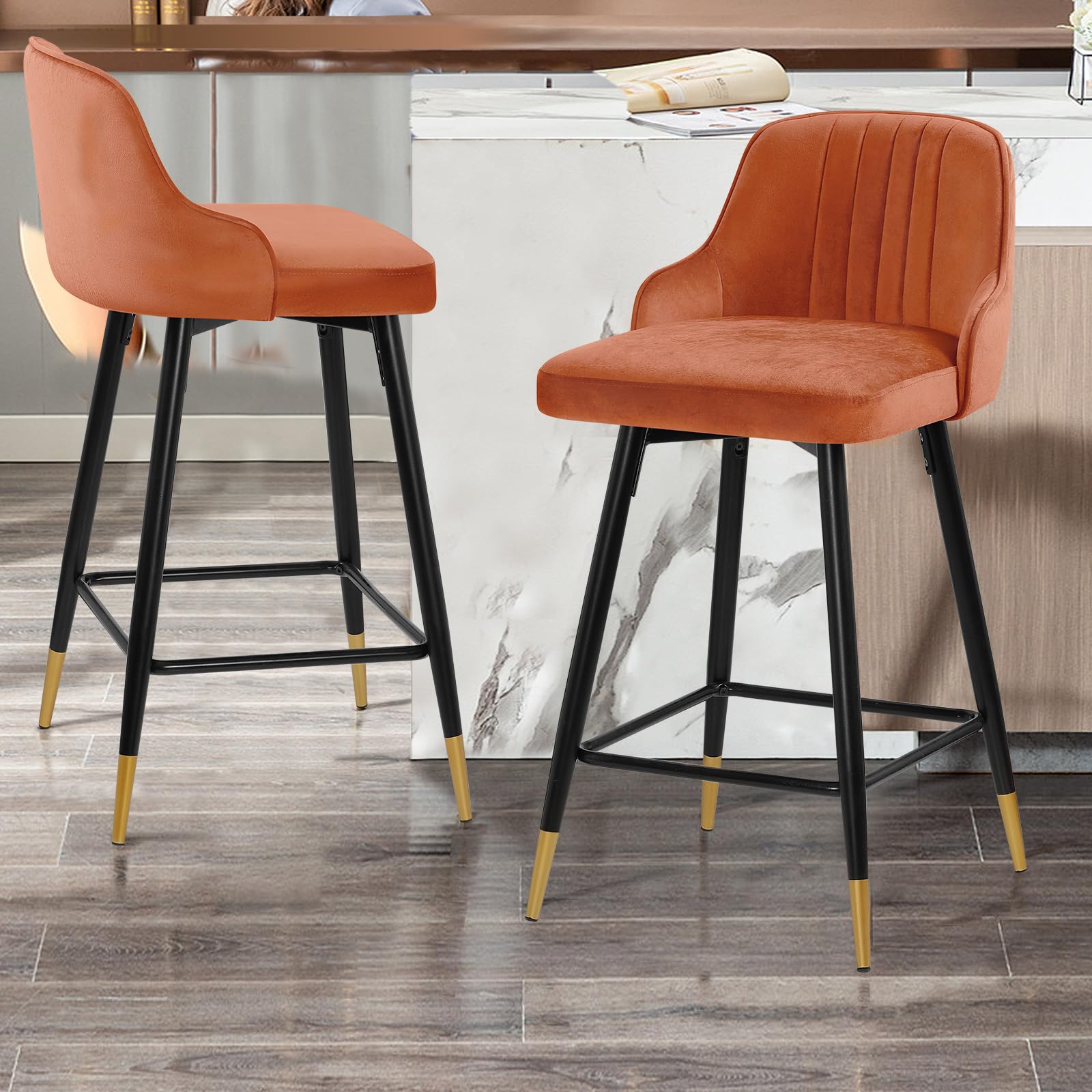 Bekrvio Swivel 65cm Counter Height Bar Stools Set of 2,Velvet Upholstered Kitchen Stools with Back,For 88–95cm Kitchen Island & Counter,Metal Frame, Support 150kg