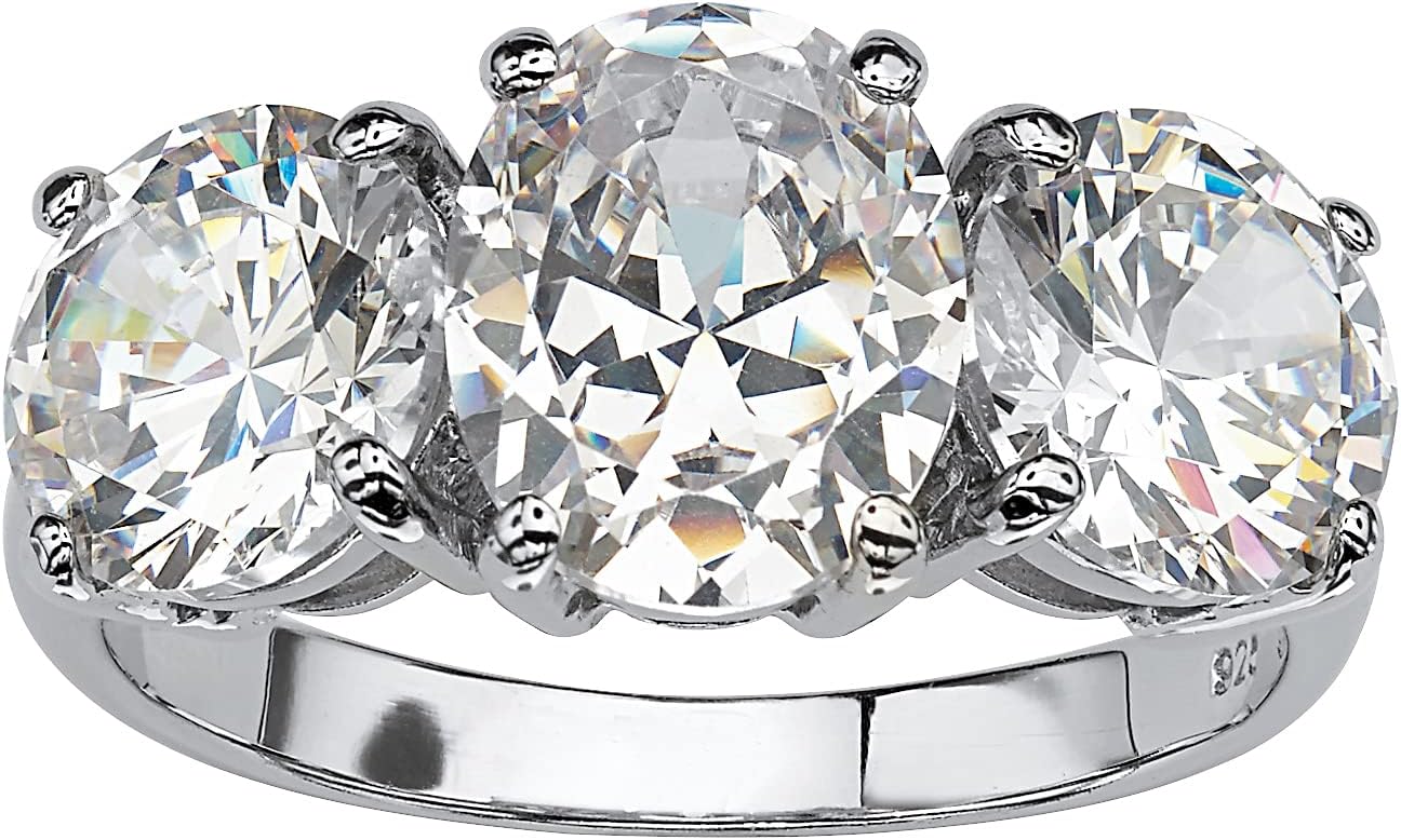 Platinum over Sterling Silver Oval Cut Cubic Zirconia 3 Stone Bridal Ring