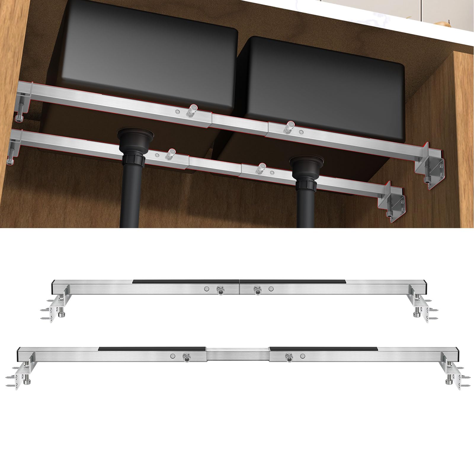 Qualward Soportes de fregadero de montaje inferior, soporte ajustable para fregadero, kit de instalación de acero inoxidable para fregadero de cocina de montaje inferior (20-55 pulgadas)