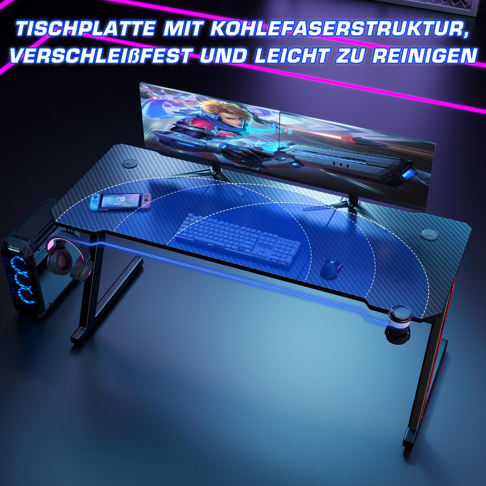 Homall 160 x 60 cm Scrivania Gaming Ergonomica, Tavolo con Piano del Tavolo in Fibra di Carbonio, Tavolo Gaming con Ganci per Cuffie, Nero