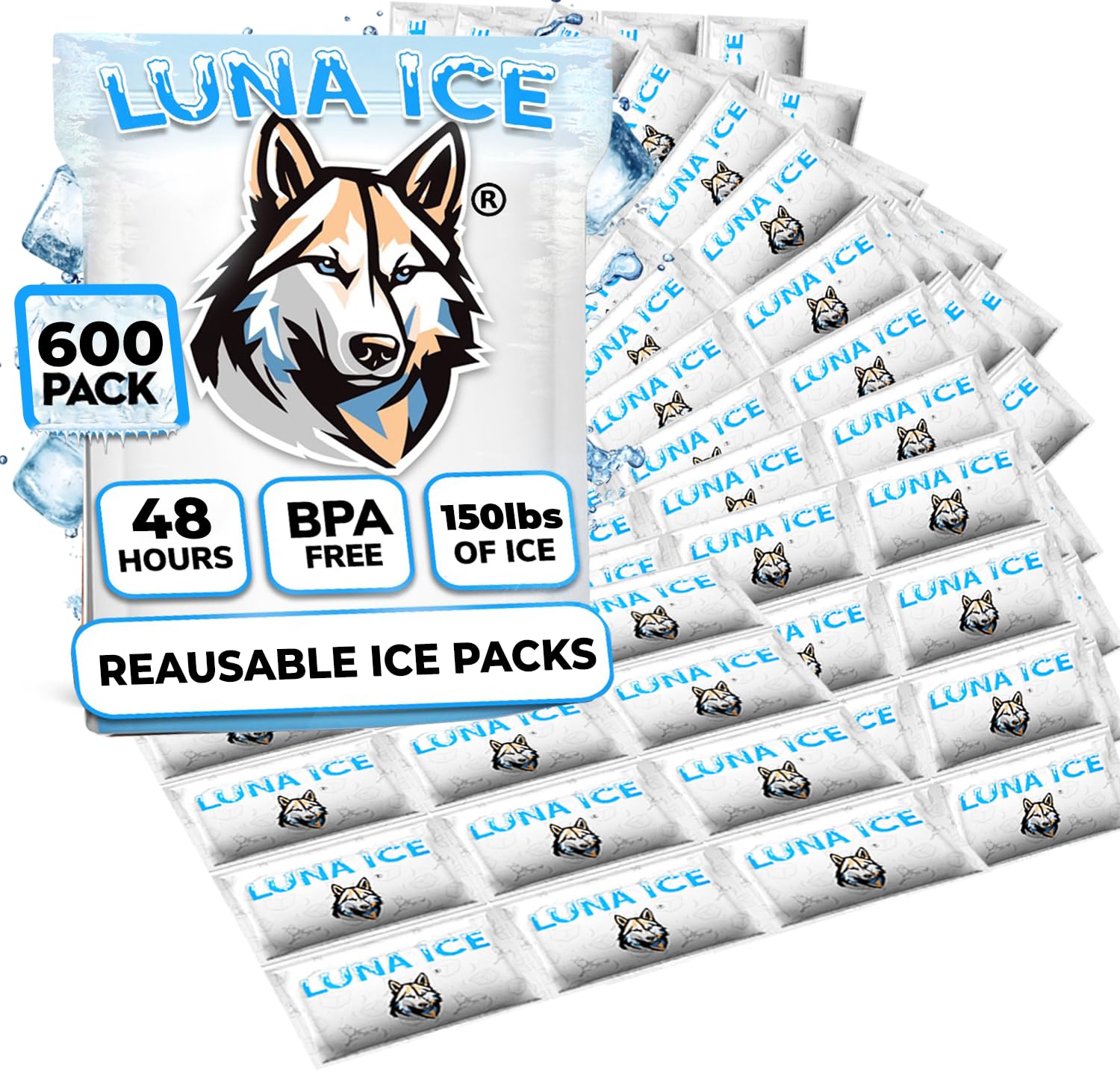 LUNA ICE Dry Ice Packs for Shipping - Long Lasting ice Packs - 24+ Hour Freeze Power - BPA Free - 600 Pack Bulk 150 lb – Hielo Seco - Reusable Gel