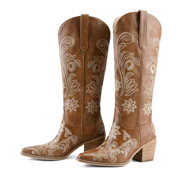 QIV Cowboy Boots for Women Western Pointed Toe Chunky Heel Mid Calf Cowgirl Boots with Embroidered Floral