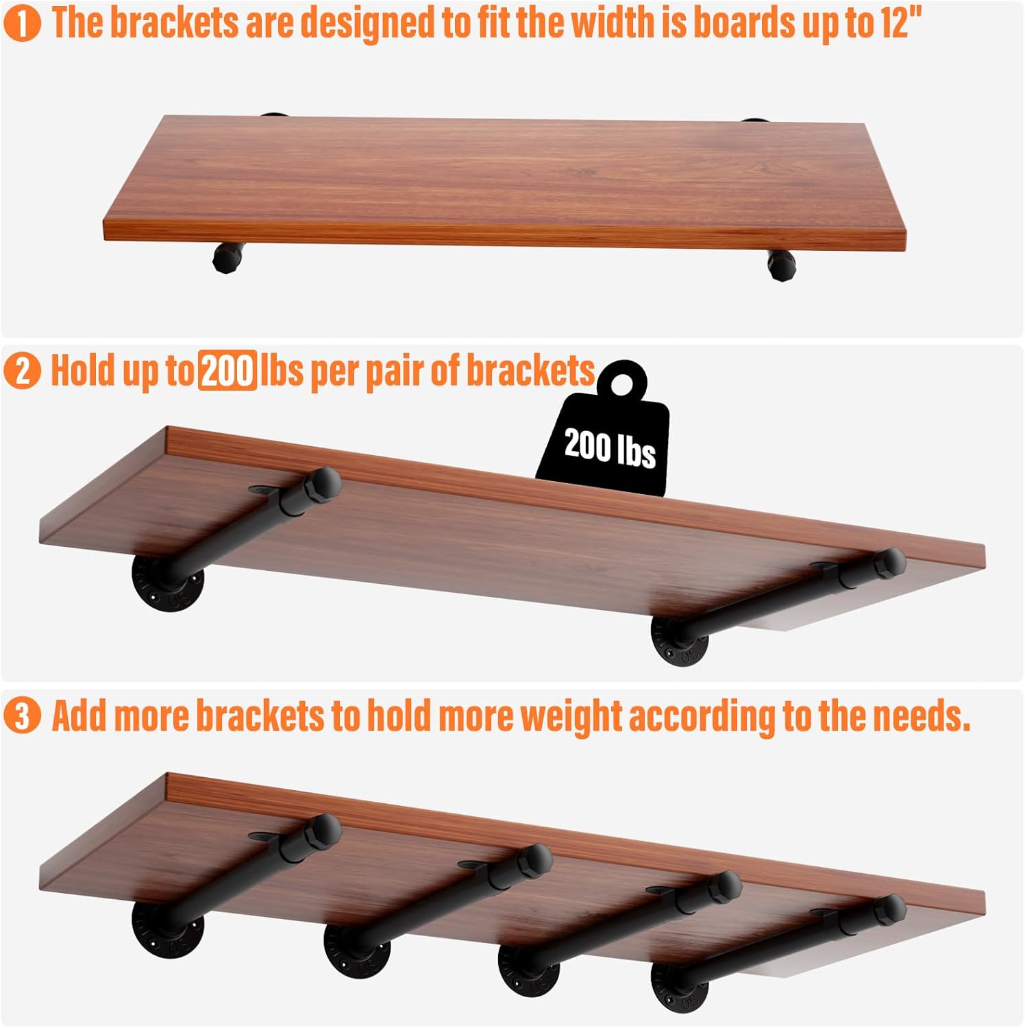 12 Inch Industrial Pipe Shelf Brackets 8 Pack Black Shelf Bracket Heavy Duty Iron Floating Shelf Bracket Metal Support for Wall Mount Home Decor