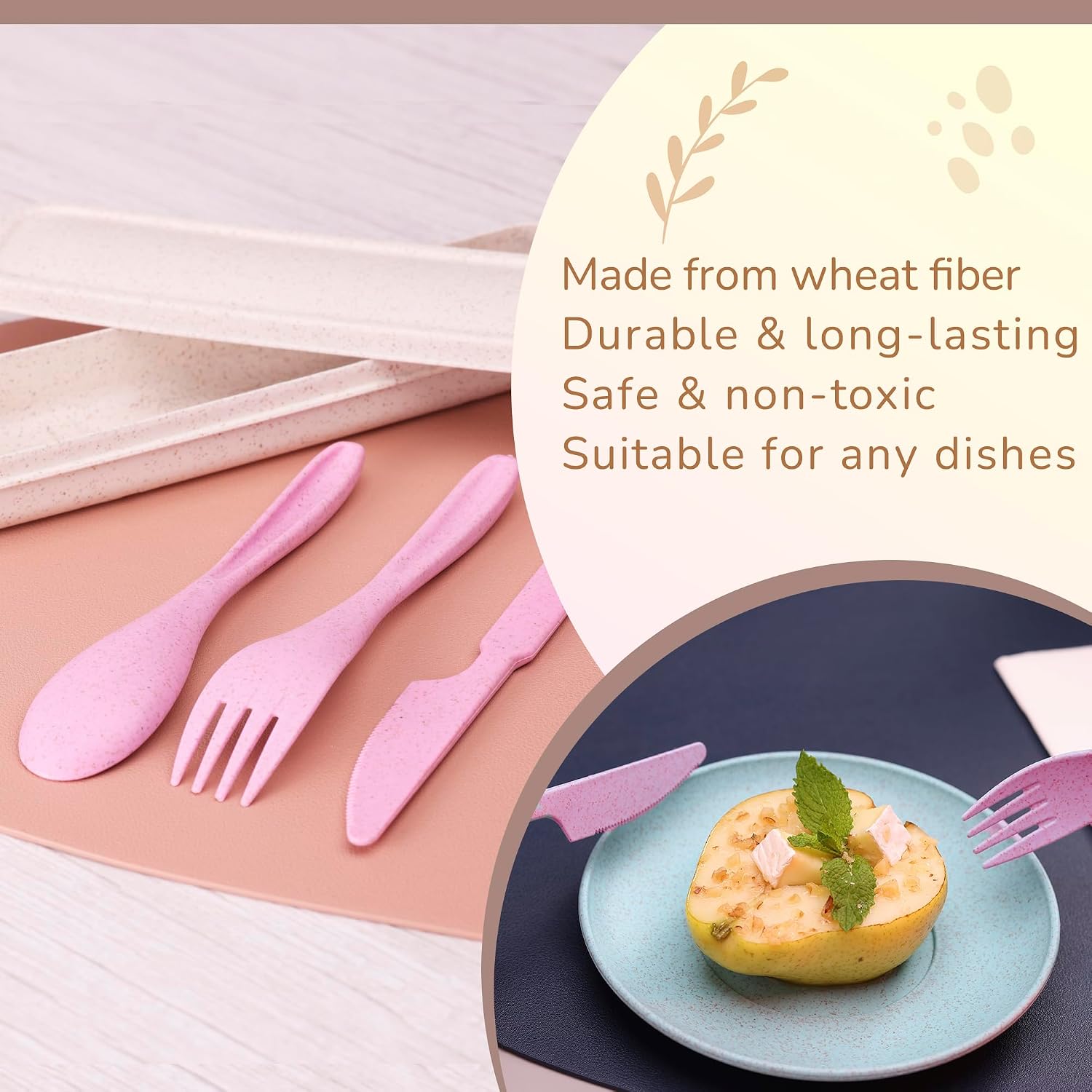 Wheat Straw Travel Utensils Set with Case - Kids Cutlery Set - BPA Free Portable Silverware for Lunch Box - Fork Spoon Knife Set with Case - Eco Friendly - Reusable Utensils
