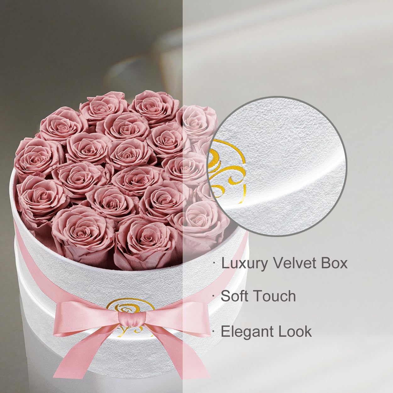 Gifts for Women Preserved Roses Flower Box, Luxury Velvet Box with 20 Roses, Preserved Flowers, Romantic Gift for Her, Wife, Girlfriend, Birthday Anniversary Christmas (Dusty Pink)