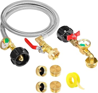 Conpact Propane Refill Adapter and 4 FT Propane Refill Adapter Hose, Propane Refill Adapter for 1 lb. Tanks, Propane Adapter 20 lb to 1 lb Converter with Gauge and Valva, 6 Caps Included