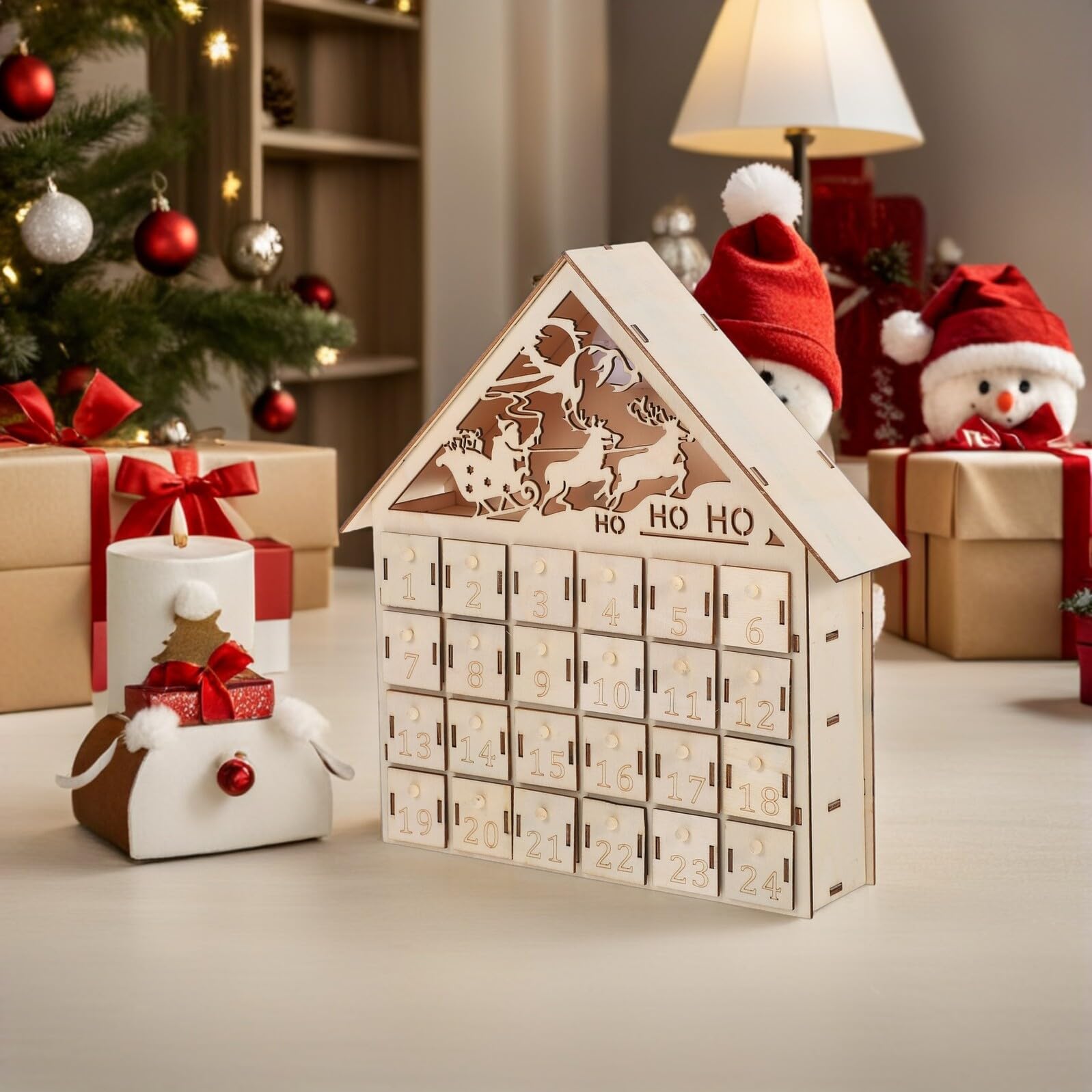 Weihnachtlicher Adventskalender aus Holz mit Led-beleuchtet Wiederverwendbar Energiesparende Beleuchtung Rustikale Tischdekoration für Festliche Familien-countdowns