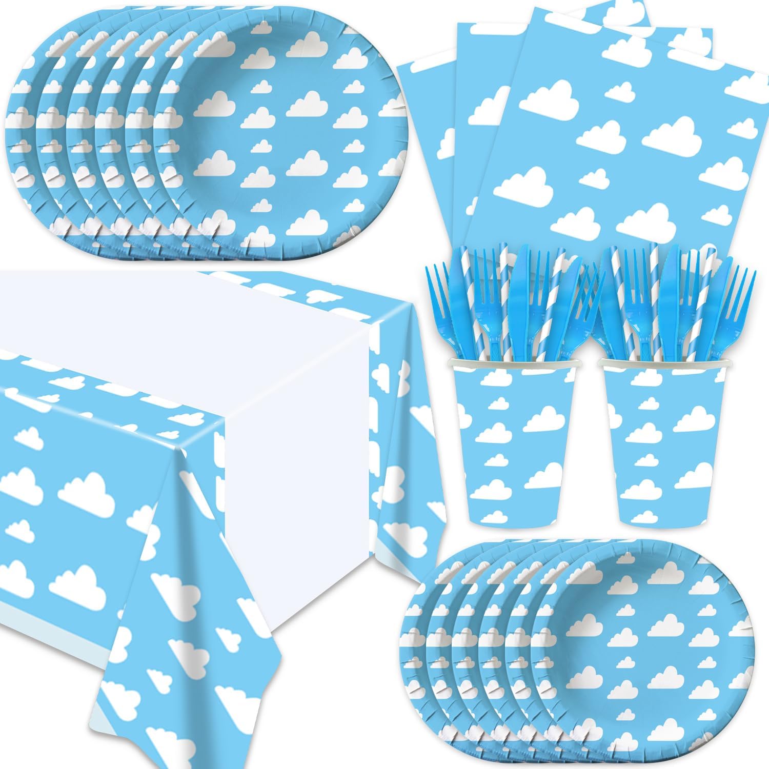 141Pcs Blue Sky White Clouds Birthday Party Decorations for 20 Guests Cartoon Supplies White Clouds Plates and Napkins Forks Cups Straws Tablecloth for Baby Shower Birthday Party Decorations