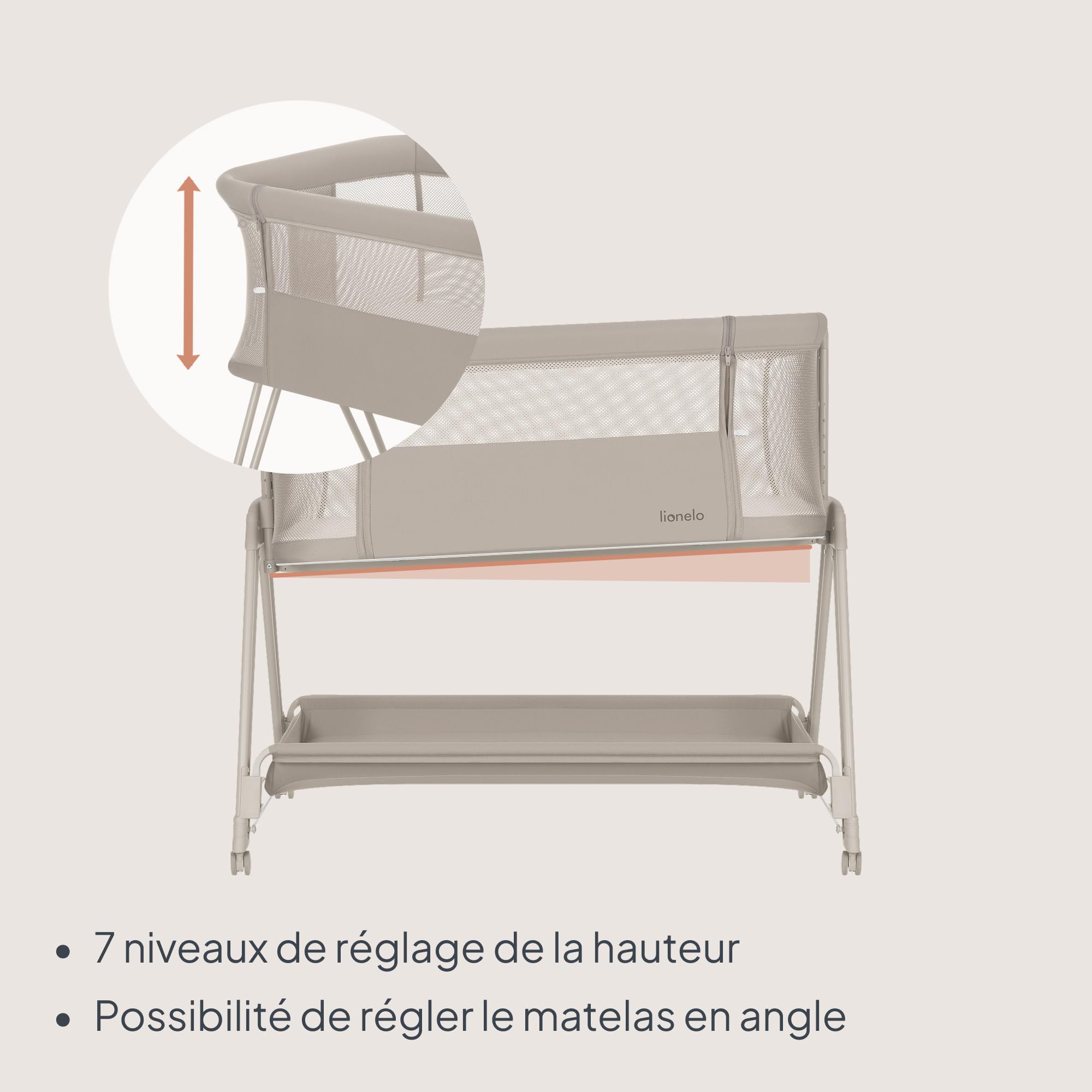 lionelo Luna, lit Bebe indépendant, cododo avec Matelas, co-Sleeping, du Nouveau-né à 9 kg. Hauteur et Inclinaison réglables, 4 Roues avec Blocage, Fixation au lit des Parents, aéré (Beige)