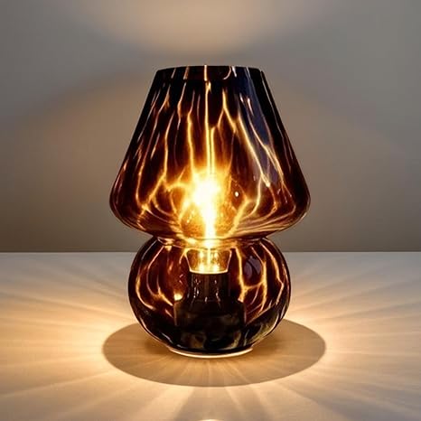 AOMOONOA Glass Mushroom Lamp, Mushroom Desk Lamp with LED Bulb, Small Purple Battery Operated Cordless Lamps for Kitchen Counter, Bedroom Nightstand, Living Room, Gift for Mom