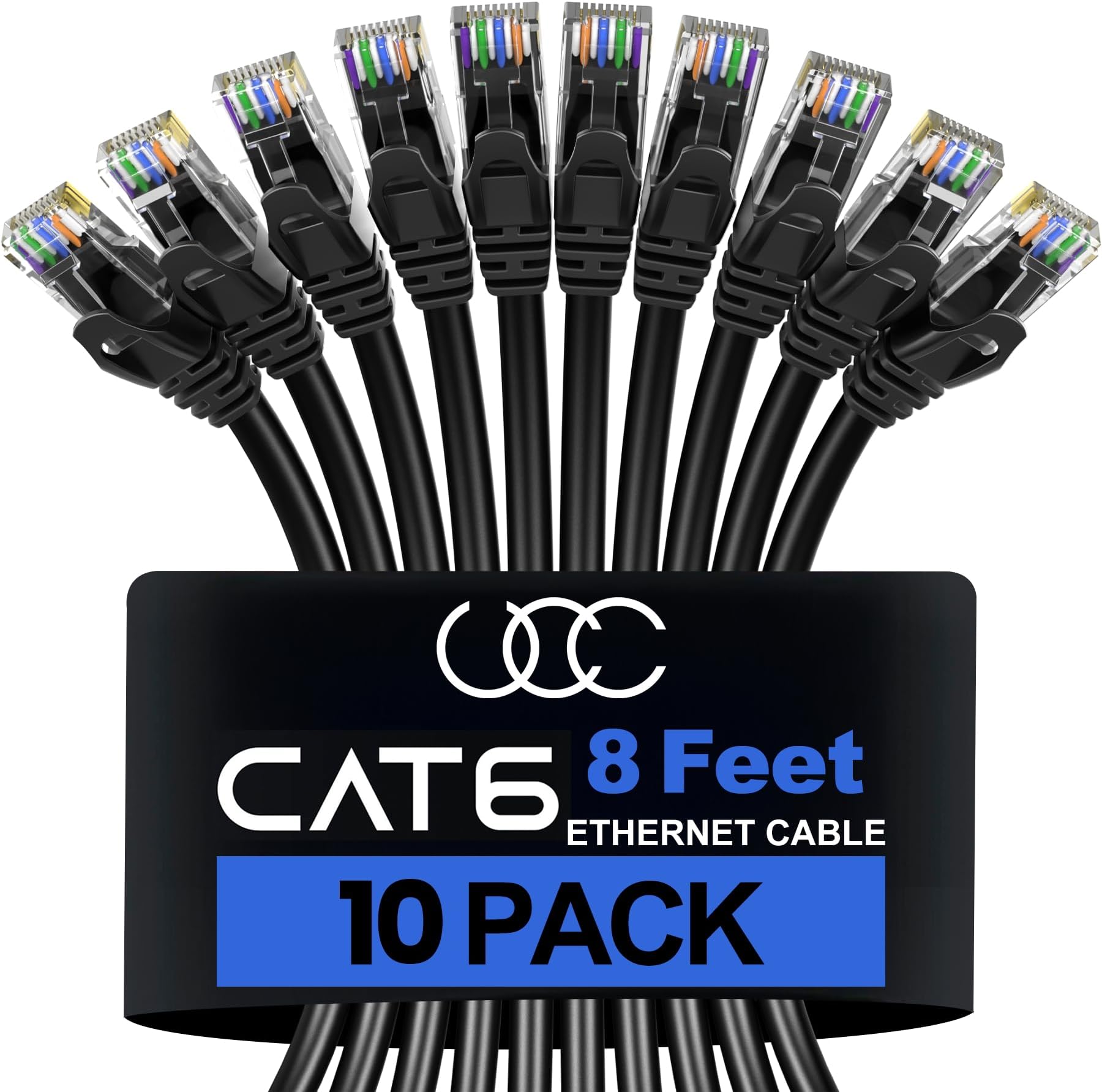 Ultra Clarity Cables Cat 6 Ethernet Cable 8 Feet (10 Pack), Cat6 Patch Cable, High Speed 10Gbps 500Mhz Ethernet Cable Network Cord, RJ45 LAN Internet Cable for Computer Modem Router PS4/5 Xbox -Black