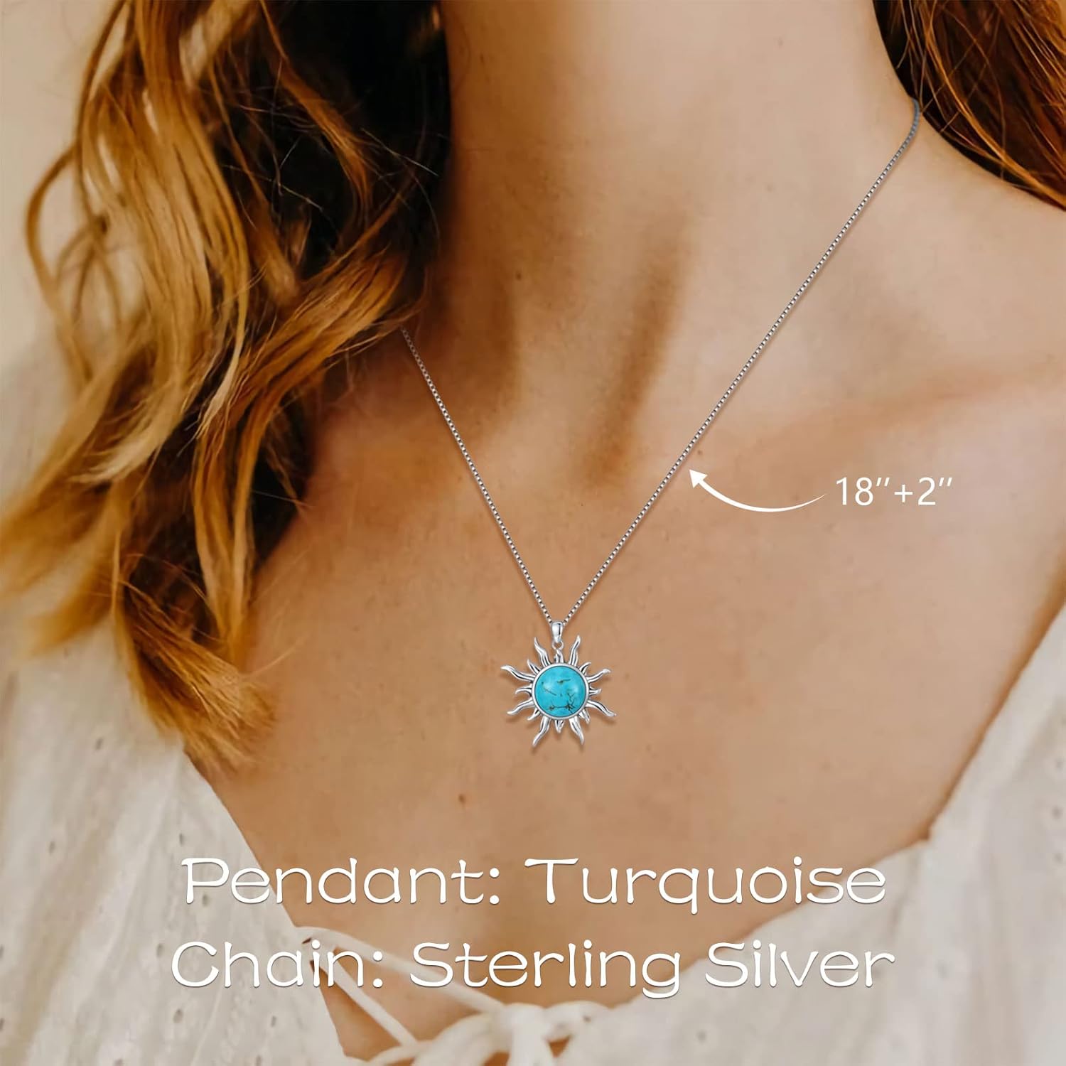 Sun Turquoise Pendant Necklace, 925 Sterling Silver Genuine Gemstones Western Jewelry Gift for Women - Image 4