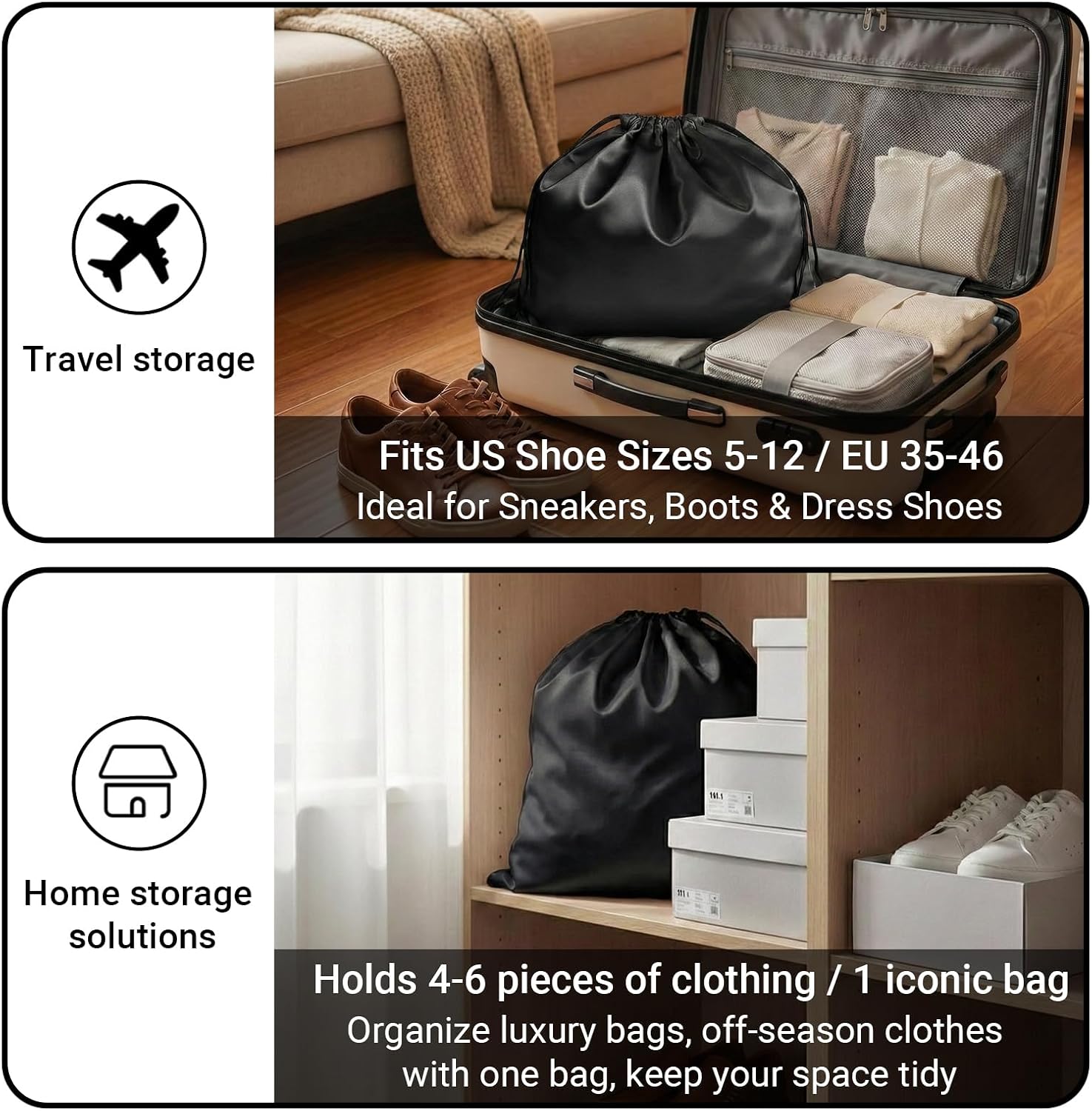 Q&J Fabric Co. 6 Pack Satin Dust Bags for Handbags & Purses - Drawstring Storage Bags for Shoes, Boots, Wallets, Travel Organizer Pouches, Soft Polyester Protector Covers (19.7''x23.6", Black) image 5