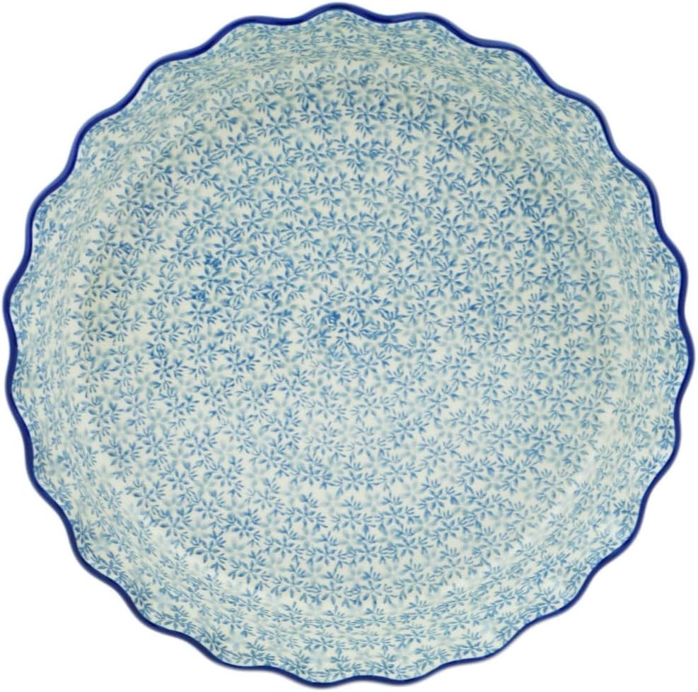 Polmedia Polish Pottery Fluted Pie Dish - Blue Water Lily Pattern Handmade in Boleslawiec Poland by Ceramika Artystyczna + Certificate of Authenticity