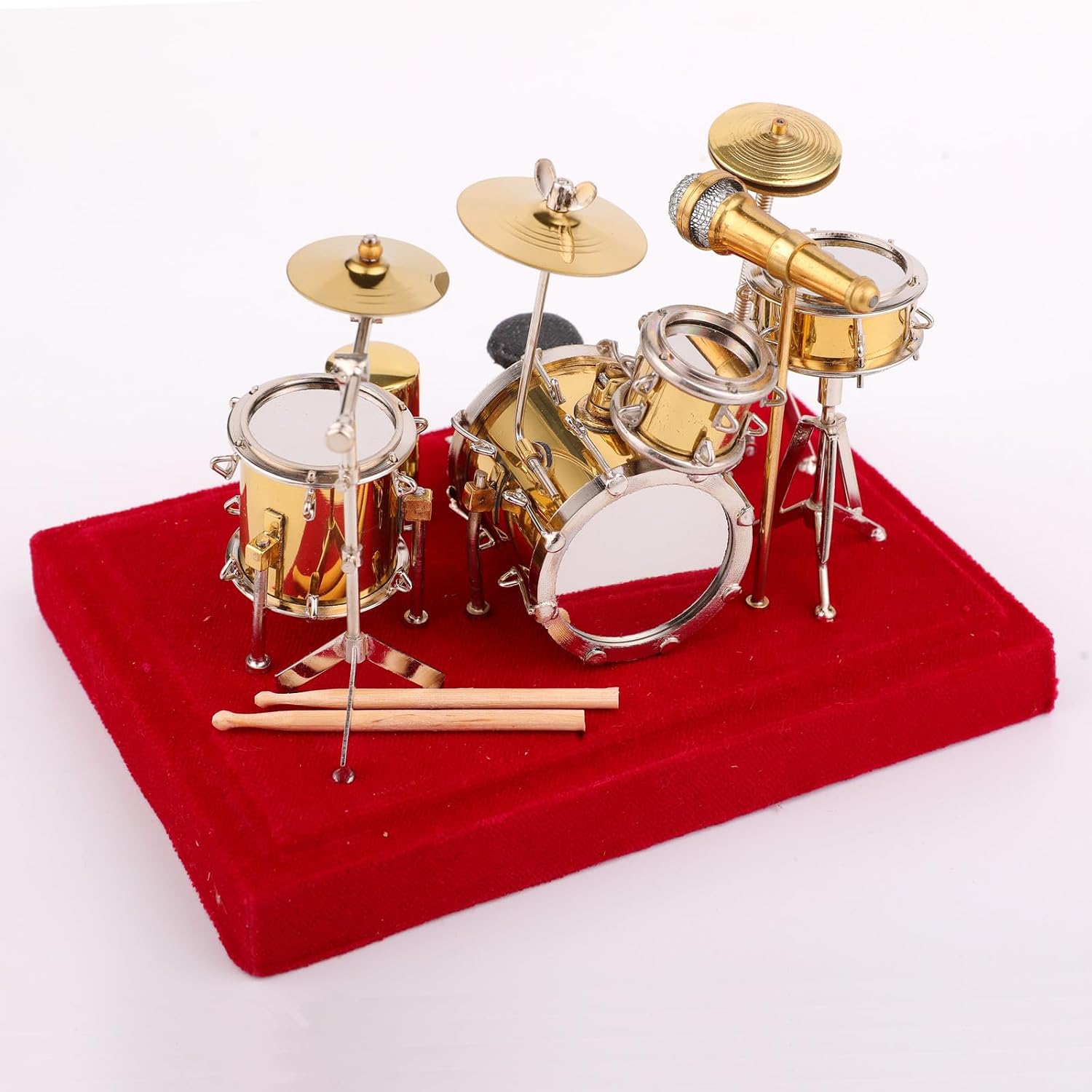 Miniature Drum Set Brass Mini Musical Instrument Drum Set Replica on Stand with Display Cover Collectible Figurines Birthday Gifts Home Decoration Display Ornament Model (5.51"x3.94"x4.33")