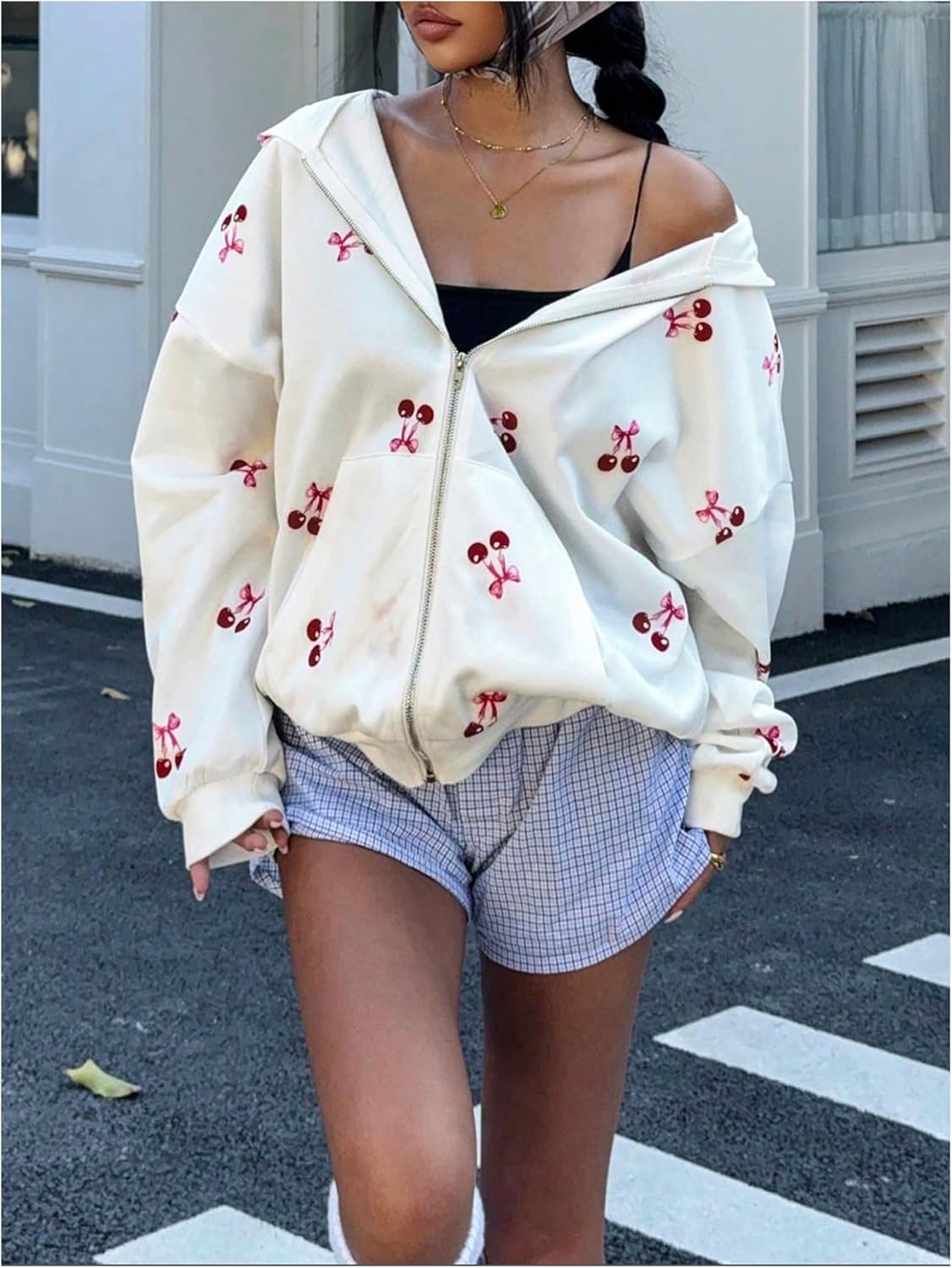 OYOANGLE Women's Zip Up Hoodies Y2K Cherry Print Long Sleeve Oversized Hooded Sweatshirts - Image 2