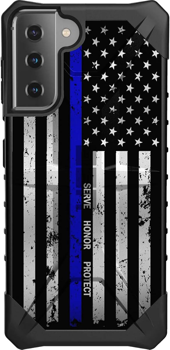 EGO TACTICAL Custom UAG Urban Armor Gear case for Samsung Galaxy S21+ Plus (6.7" Screen) Limited Edition Case - Serve, Honor, Protect - Thin Blue Line US Flag