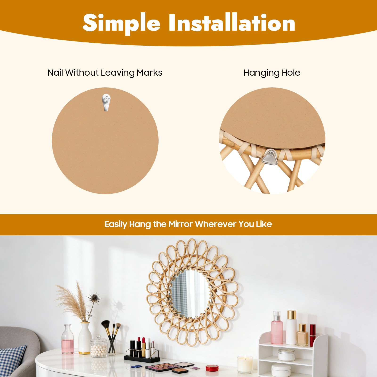 Espejo de ratán trenzado a mano, diámetro total 40 cm, redondo con espejo de 20 cm, decoración natural para salón y pasillo, espejo de pared con gancho para colgar, en color madera