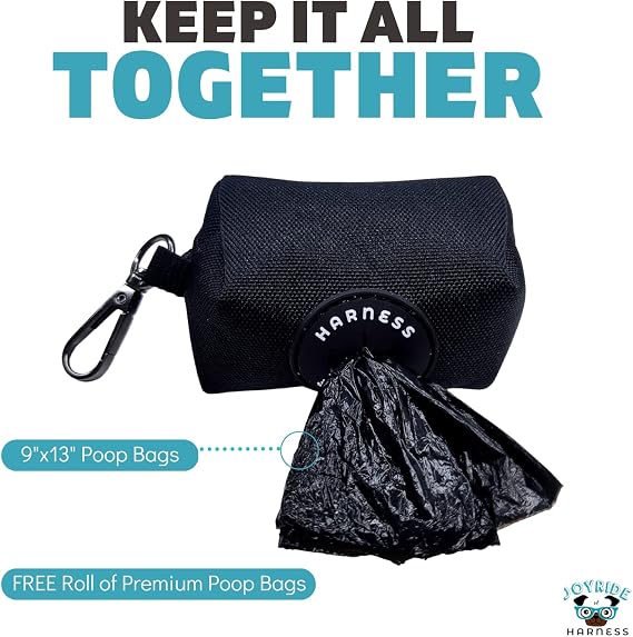 Joyride Harness Poop Bag Dispenser - 1 Additional Roll of Premium 9x13 Poop Bags Included, D-Clip Attaches to Leash or Harness - Fits Standard Doggy Waste Bag Rolls