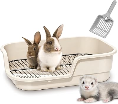 Large Rabbit Litter Box Corner Grated bunny potty Trainer With Stainless Steel Grate for Adult Guinea Pigs Rabbits Hamsters Chinchillas Ferrets Gerbils & All Small Pets Includes Scoop White