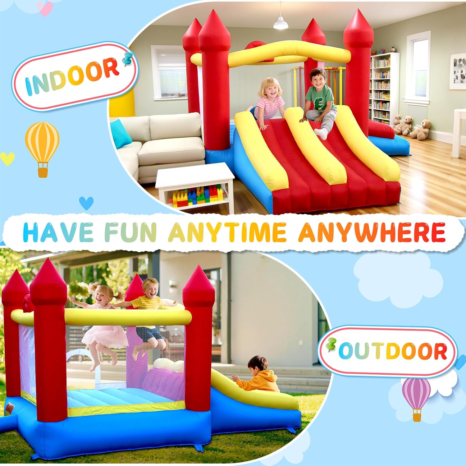 Bounce House with Double Slide,5-in-1 Inflatable Jumping Castle for Toddlers & Kids 2-10, Features Basketball Hoop & Large Bounce Area, Fast Setup with Blower for Outdoor Indoor Play