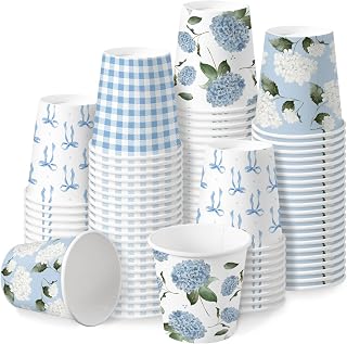 RUSPEPA 3oz Floral Paper Cups, 100 Pack Blue White Plaid, Bow and Hydrangea Design Disposable Small Party Cups for Bathroom, Mouthwash, Espresso, Wedding, Bridal Shower, Garden Tea Party Supplies
