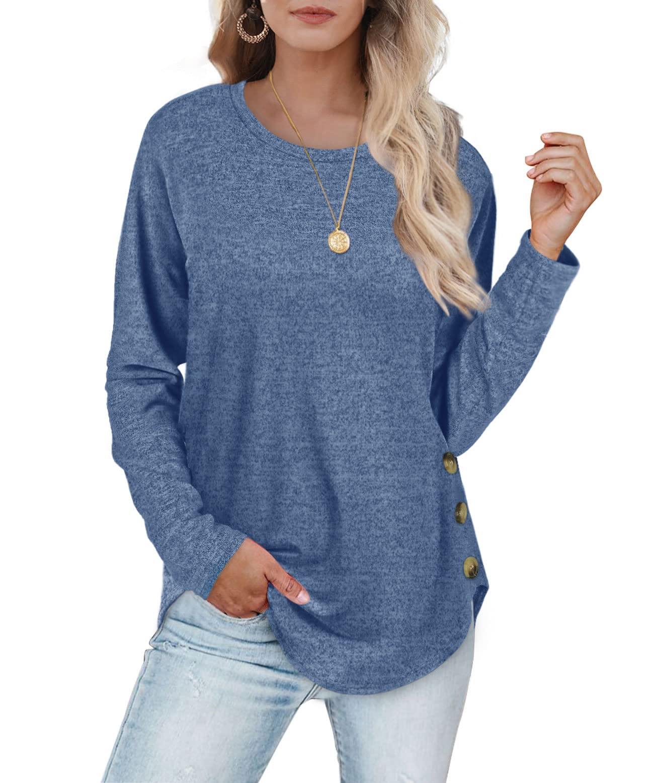 WEESO Long Sleeve Shirts for Women Lightweight Crewneck Button Down Sweaters Tunic Tops