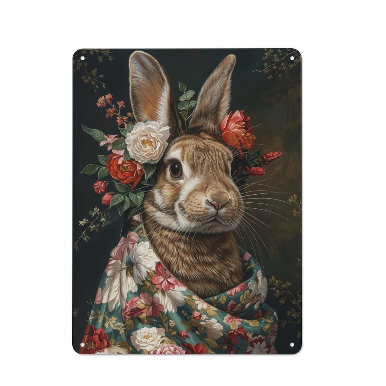 Rabbit with Flowers Creative Metal Wall Decor 40x30cm, Metal Desk Wall Sign for Hobby Room, Office, Lounge Or Living Room