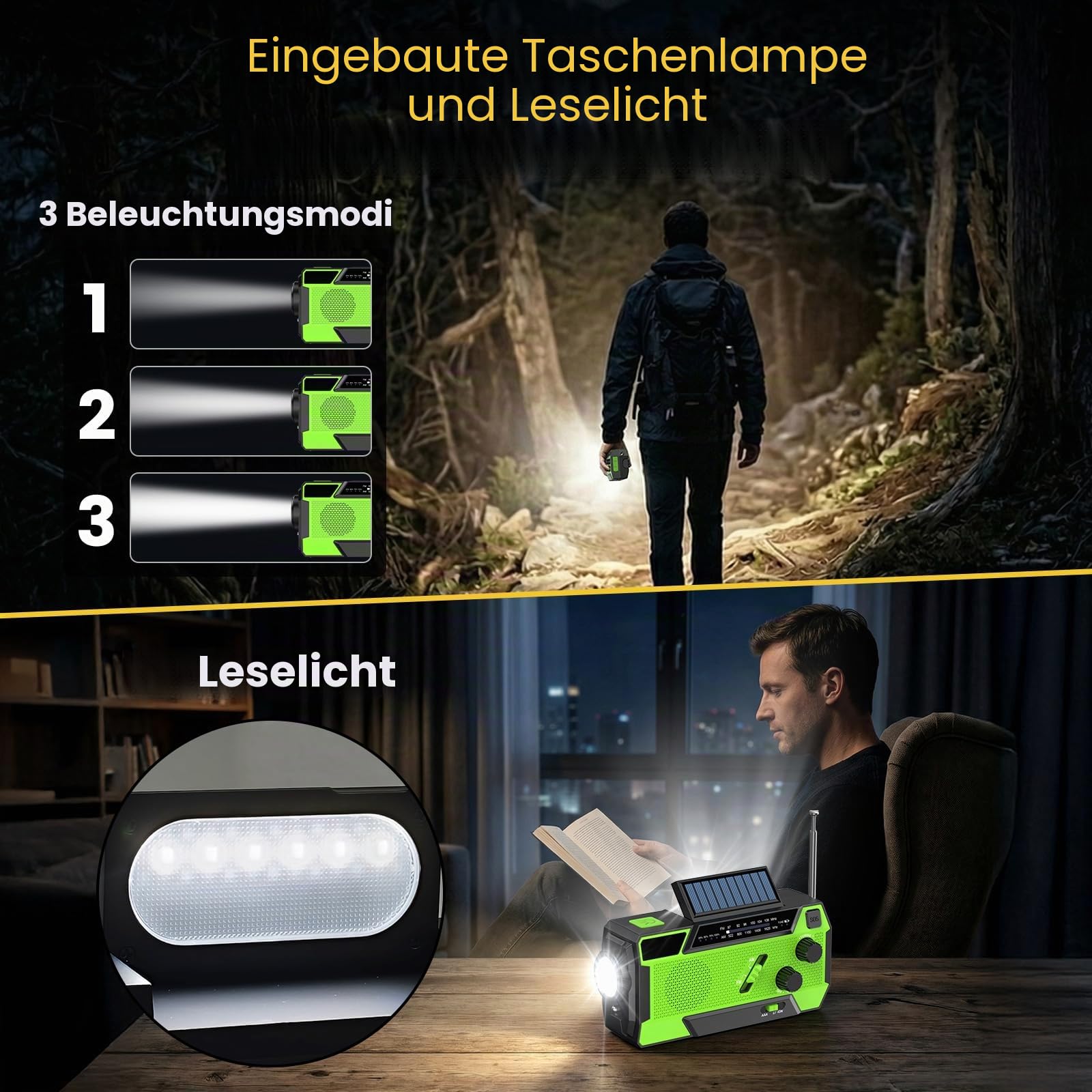 Kurbelradio, Radio mit Kurbel und Solar Notfall Ausrüstung mit 3 integrierten Kabeln, 4000mAh Notfallradio Emergency Power Bank mit LED Taschenlampe, AM/FM mit SOS Alarm für Survival, Ourdoor, Camping