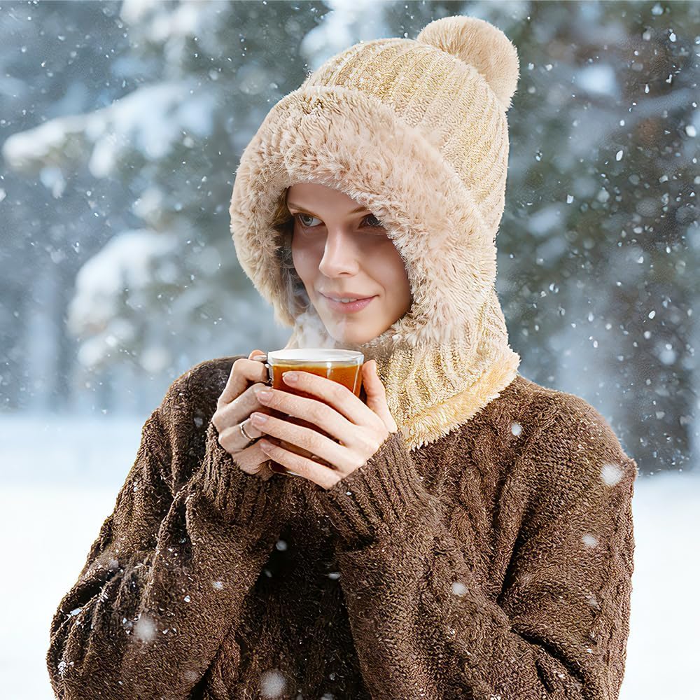 3 in 1 Beanie Hat with Scarf and Mask, Women's Outdoors Windproof Scarf Hat, Knitted Ski Mask Set