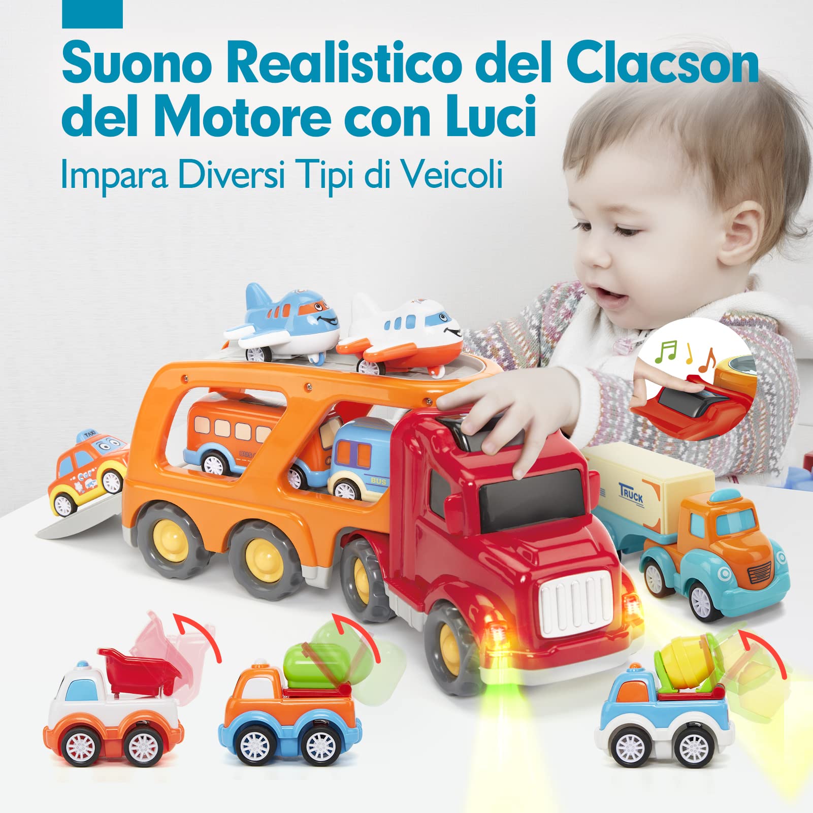 hahaland Camion Macchinine per Bambini 2 anni, 10 pezzi Cars Macchinine con Suoni e Luci, Camion Giocattolo Gioco Bambino 1 2 3 anni