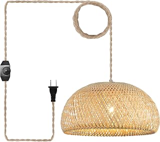 Hchunqjor Bamboo Pendant Light 17.8" Rustic Woven Hanging Lamp, 14ft Dimmable Cord for Farmhouse Kitchen Island Dining Room Bedroom