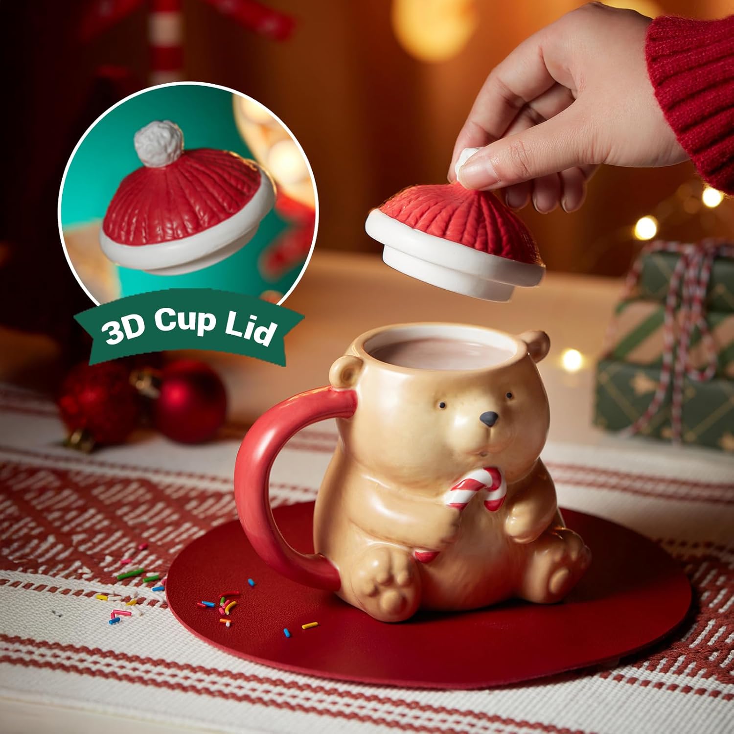 Cute Christmas Coffee Mugs Colorful Bear Cups with Lids 11oz and Comfortable Handle, Best Christmas Gifts for Friends, Kids - Image 5